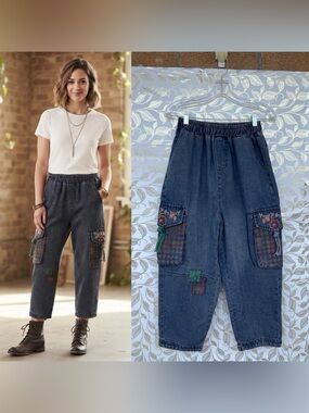 Retro Floral Embroidered Denim Cargo Jeans Antique Purplish Wash Small